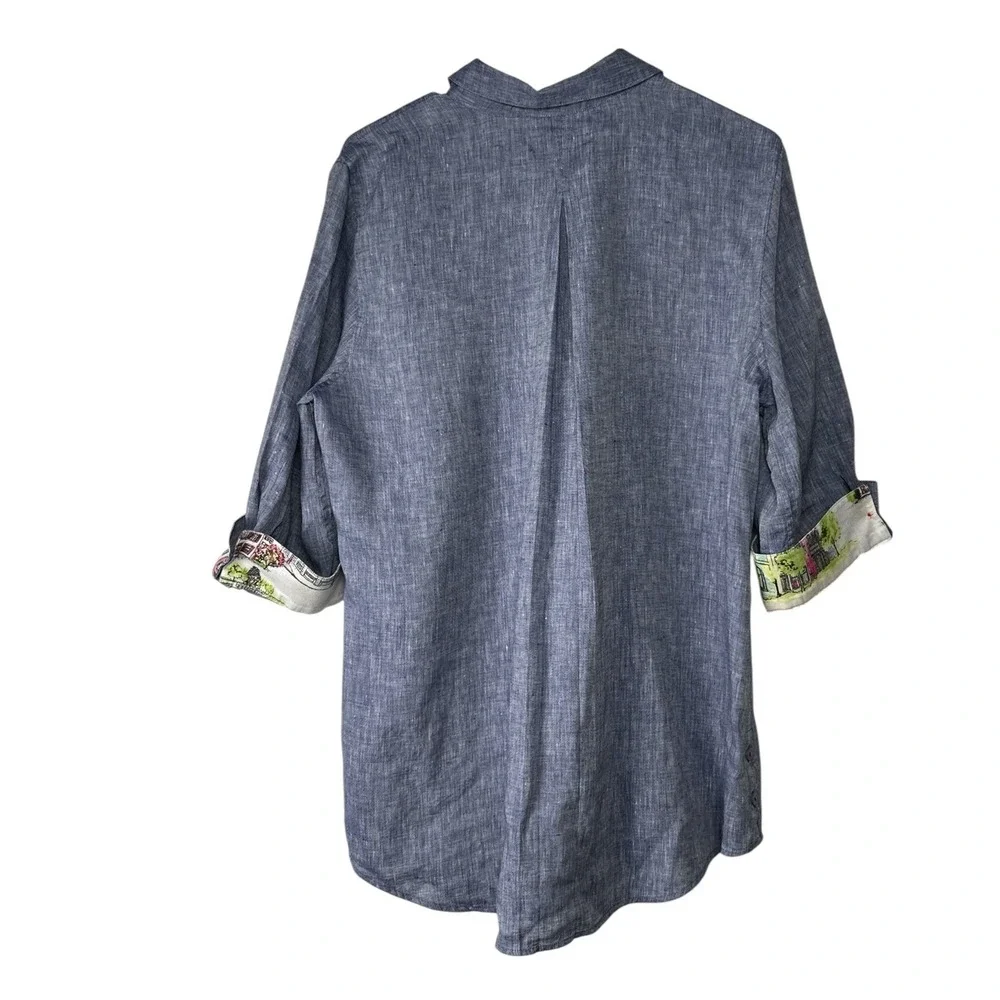 Chicos Blue Linen No Iron Button Down Shirt 3/4 Sleeve Size 2 12/14 - Picture 2 of 6